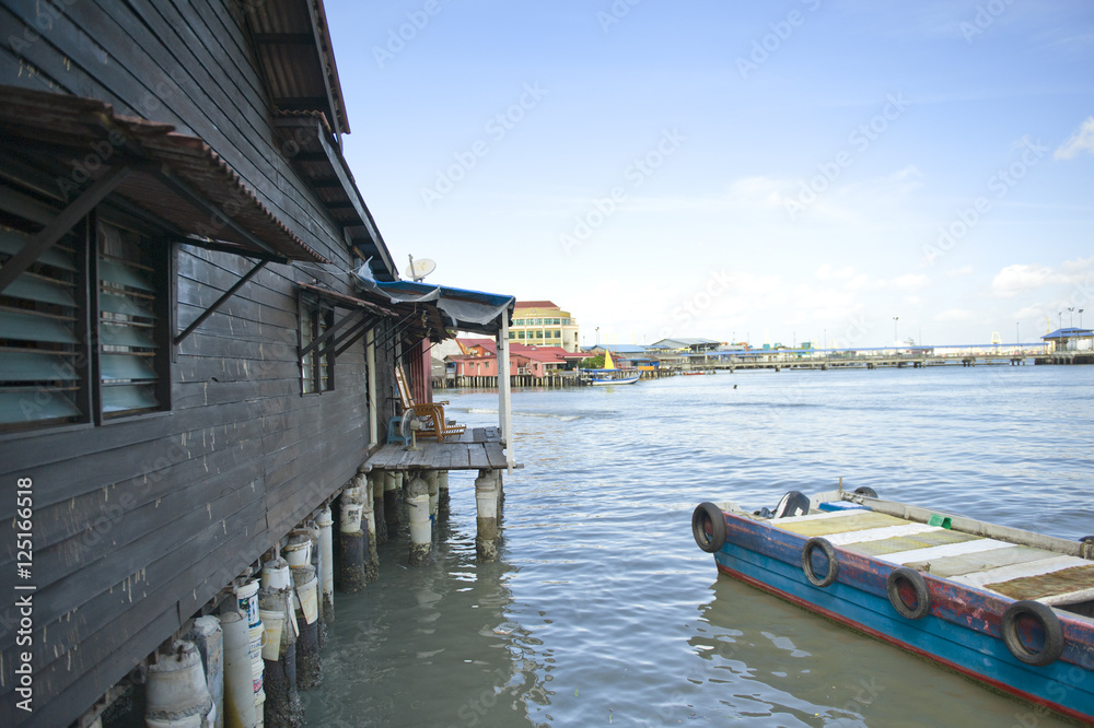 Heritage Chew Clan Jetties & village stilts above the sea water where Chinese clans live in Georgetown, Penang, Malaysia.