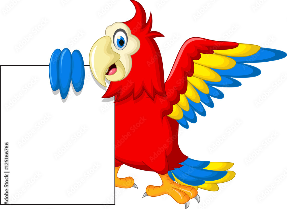 Fototapeta premium Macaw bird with blank cartoon sign for you design