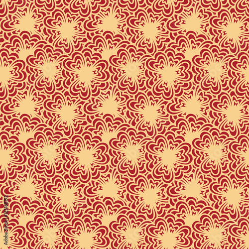 Rich delicate seamless background pattern with golden contour stylized flowers isolated on the red background. Chinese ornamental style. Vector illustration eps