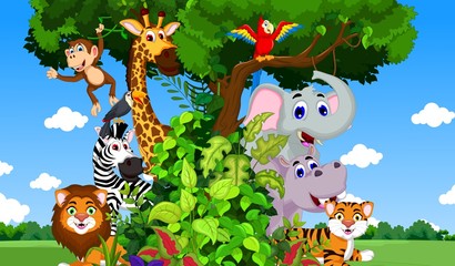 Wandcirkels Cartoons Grappige cartoondieren in vrolijk bos  © jihane37