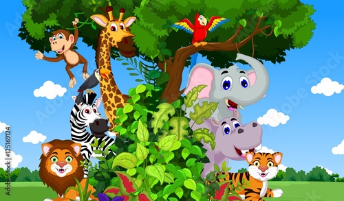 funny animal cartoon with forest background