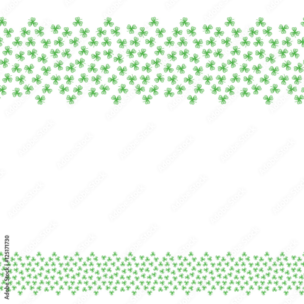 Endless background line border frame with green contour clover leaves on white (transparent) fond. Space for text can be used for invitations, poster or greeting cards. Vector illustration eps Endless background line border frame with green contour clover leaves on white (transparent) fond. Space for text can be used for invitations, poster or greeting cards. Vector illustration eps