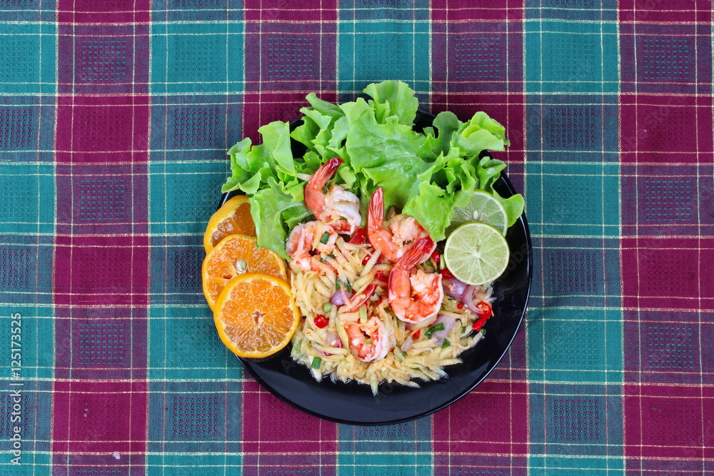 Home made,Spicy sour minced green mango salad with shrimp topped sliced green lemon,Chinese orange and lettuce. Home made,Spicy sour minced green mango salad with shrimp topped sliced green lemon,Chinese orange and lettuce.