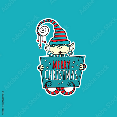 Cute christmas elf holding a sign with the words merry christmas and stars on a aqua background, vector illustration.