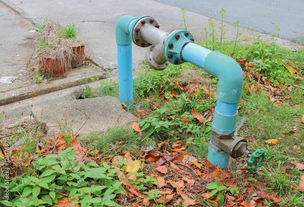 Water valve Plumbing Steel.  Drink water pipes Steel joints - obrazy, fototapety, plakaty 