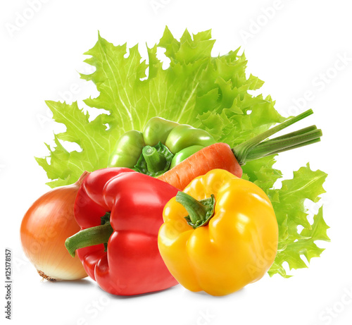 Composition of fresh vegetables on white background, closeup.