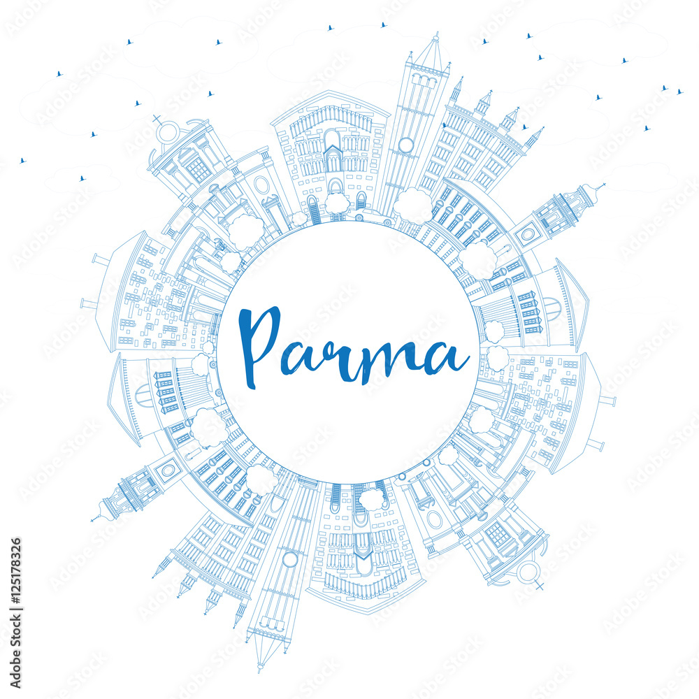 Outline Parma Skyline with Blue Buildings and Copy Space. Outline Parma Skyline with Blue Buildings and Copy Space.
