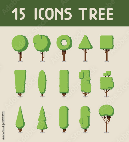 15 tree isons set. Minimalistic green tree. photo