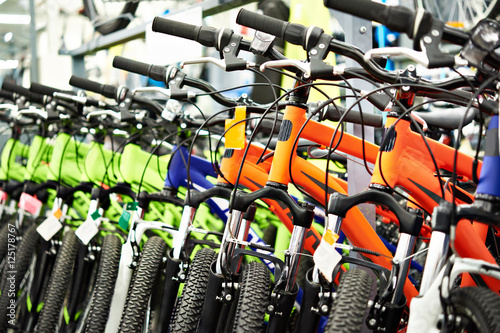 Modern mountain bikes in shop