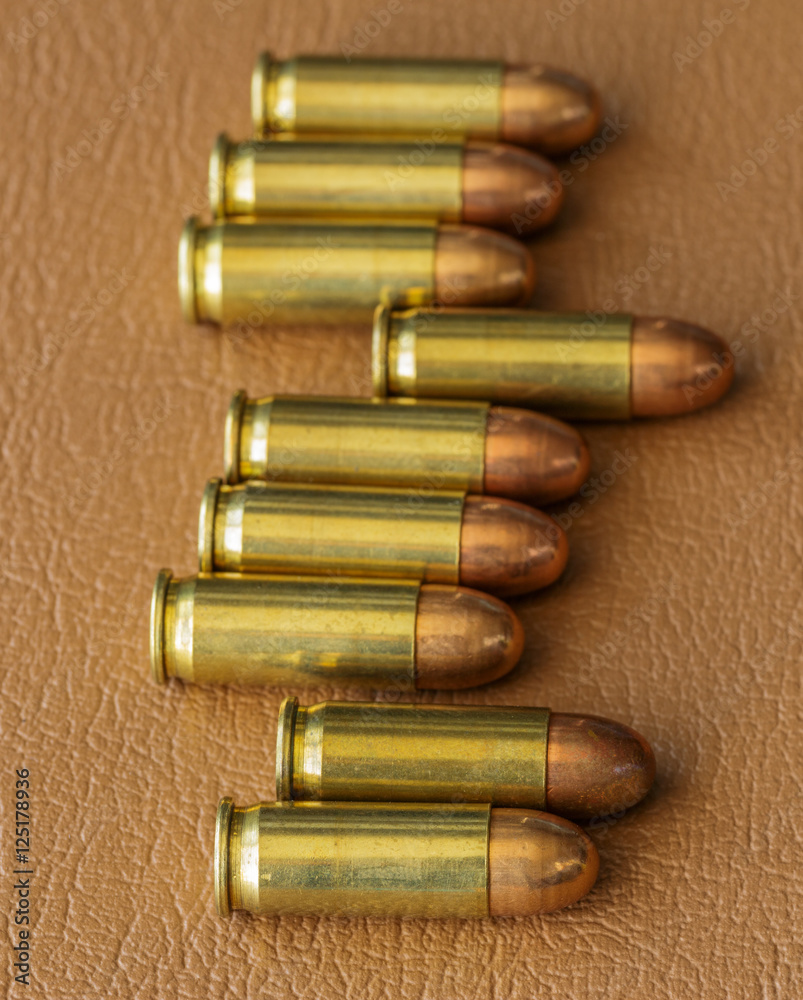 Nine bullets on brown leather