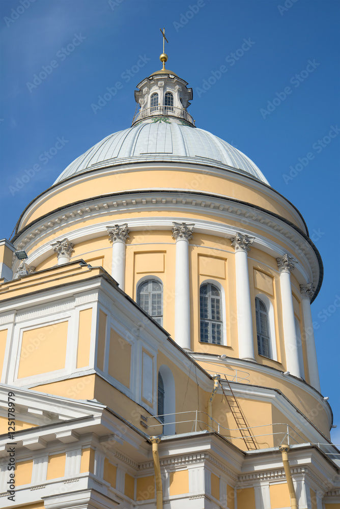 Dome of Trinity Cathedral of the Alexander Nevsky Lavra closeup on blue sky background. Saint Petersburg, Russia