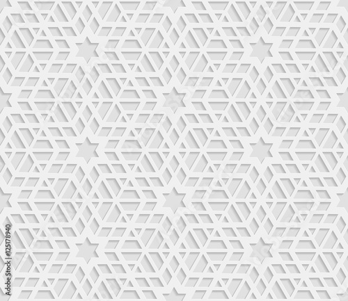 Seamless 3D white pattern, arabic geometric  pattern, indian ornament, persian motif,  vector. Endless texture can be used for wallpaper, pattern fills, web page  background,  surface textures.