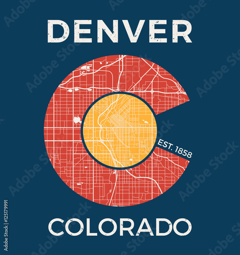 Colorado t-shirt graphic design with denver city map. Tee shirt print, typography, label, badge, emblem. Vector illustration.