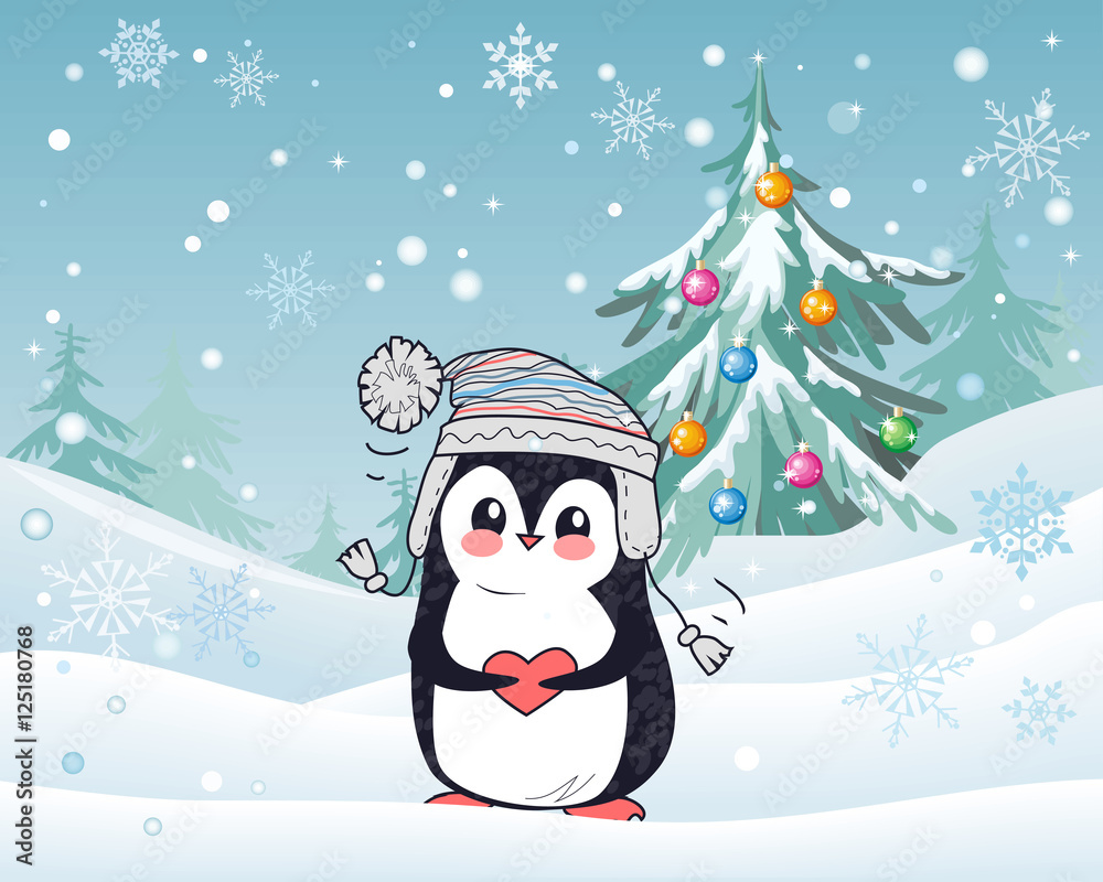 Penguin Animal in Hat and Heart. Winter Landscape Penguin Animal in Hat and Heart. Winter Landscape