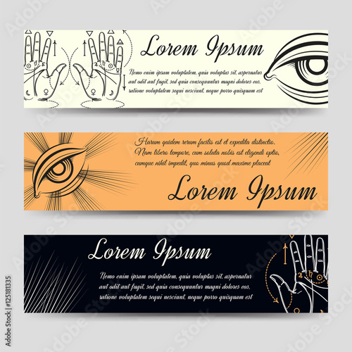 Isoteric banners set. Horizontal banners with alchemy and palmistry elements. Vector ilustration
