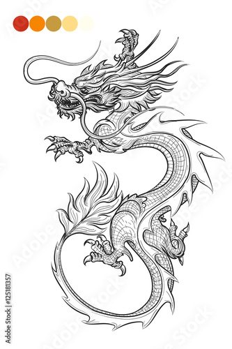 Coloring page with hand drawn dragon and color swatches. Vector illustration