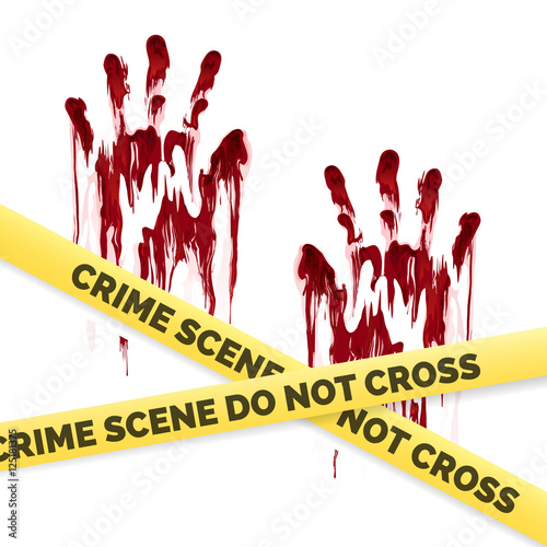 Crime poster with bloody handprints and police crime scene scoth isolated on white background. Vector illustration