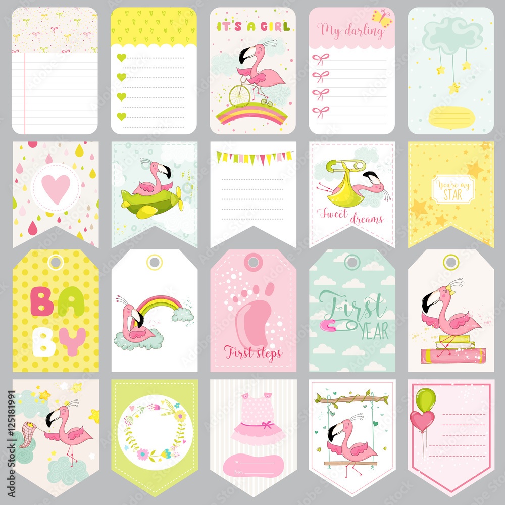 Baby Flamingo Tags. Baby Banners. Scrapbook Labels. Cute Cards