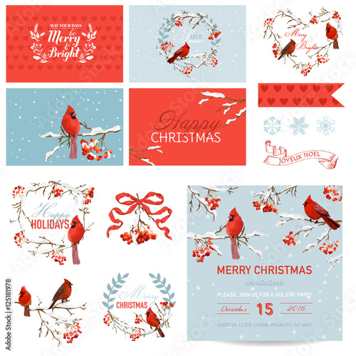 Scrapbook Design Elements - Vintage Christmas Birds and Berry Theme