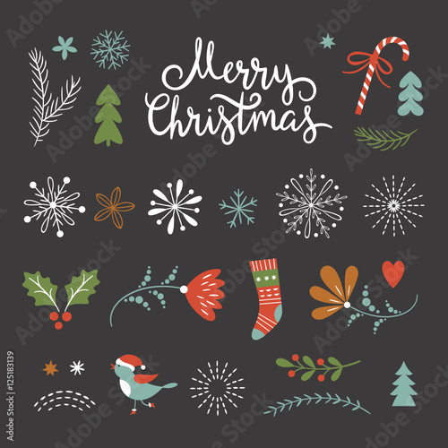 Set of Christmas graphic elements on a black background, collection design elements