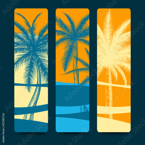 Summer style bookmarks with palm trees and beach landscape. Vector illustration
