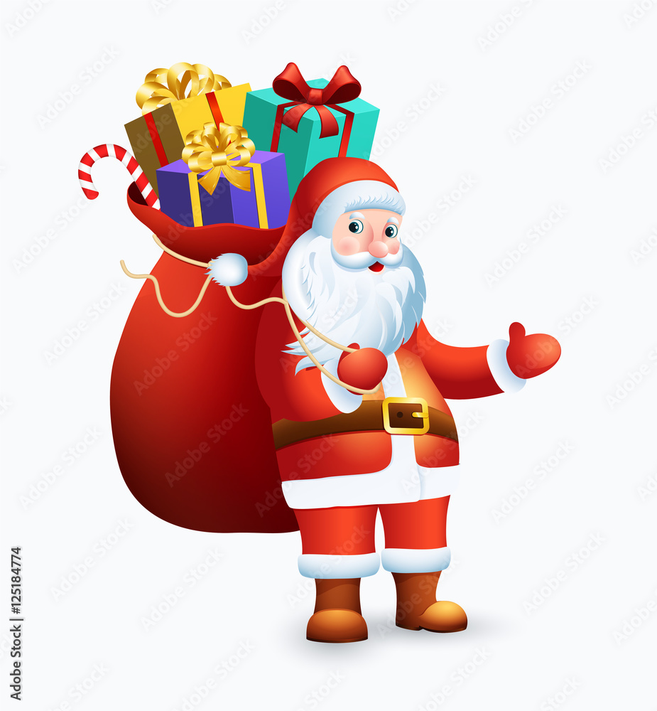 Santa Claus with big bag full of gifts on white background. Santa Claus with big bag full of gifts on white background.