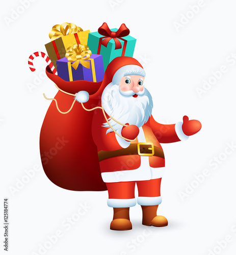 Santa Claus with big bag full of gifts on white background.