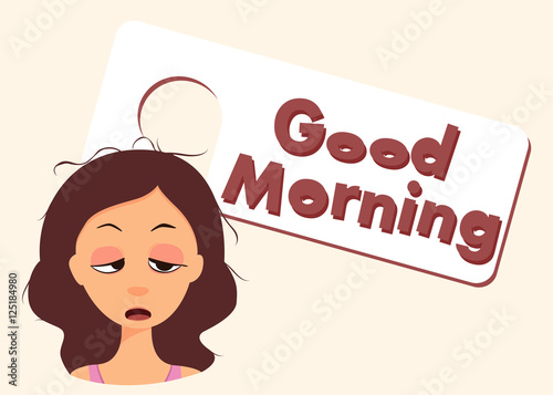 Good Morning Title. Sleepy Cartoon Character. Vector Illustration
