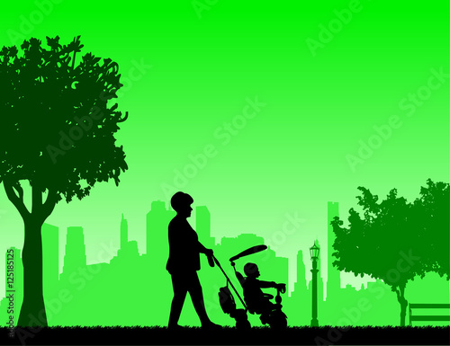 Grandmother walking with her grandson on a tricycle in the park, one in the series of similar images silhouette