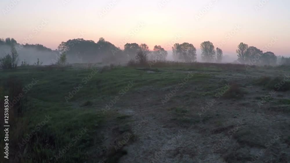 Flying over the misty meadow at dawn - aerial survey Flying over the misty meadow at dawn - aerial survey