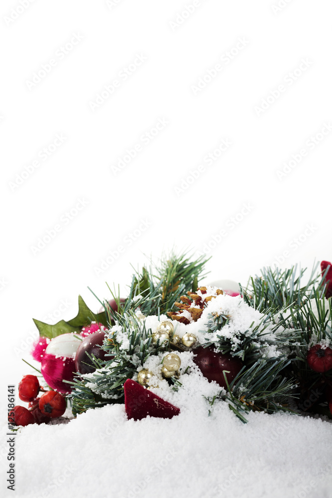 Chrismas decorations on white snow for background