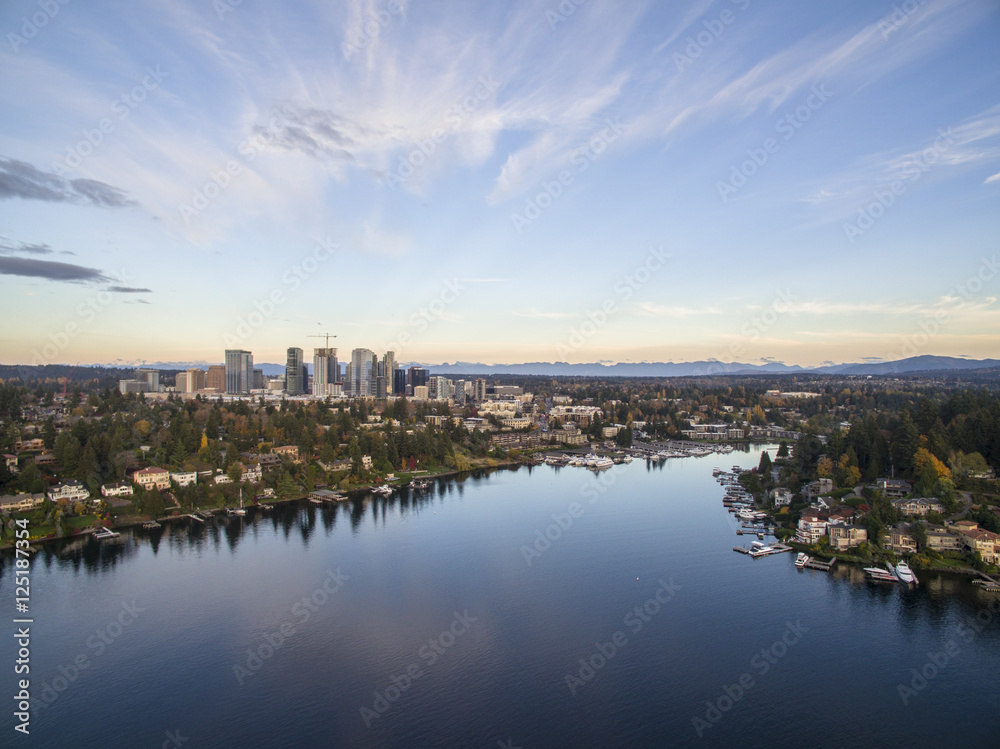 Bellevue Washington Cityscape and Meydenbauer Bay Aerial View