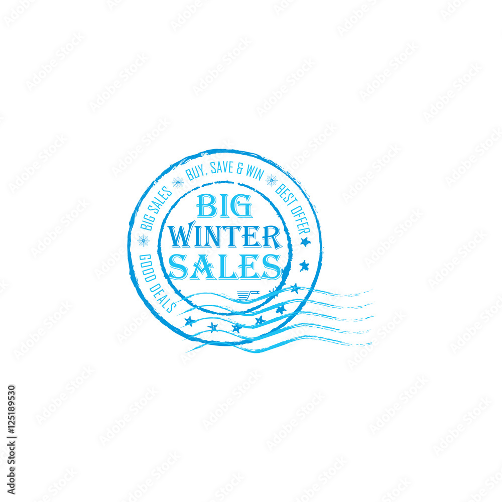 Big winter Sales grunge post stamp.Grunge post stamp for celebrating Winter holidays (Christmas and New Year). Big sales; buy, save and win; best offer; good deals.