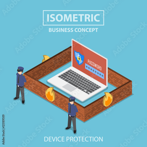 Isometric laptop computer protected by security system