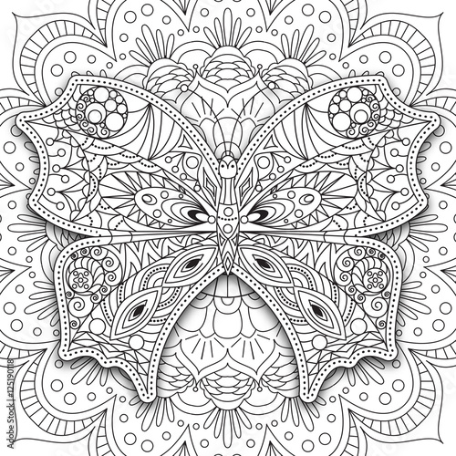 Butterfly. Hand drawn ethnic Printable vector in doodle style. Coloring book page for adults and older children - mandala, design for relax , vector illustration