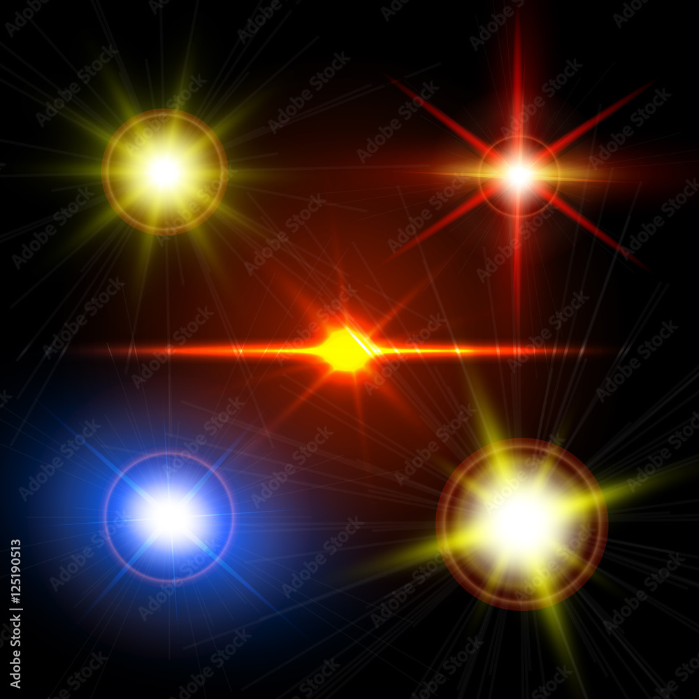Obraz premium Realistic light glare sparkle, highlight set. Lighting effects of flash.