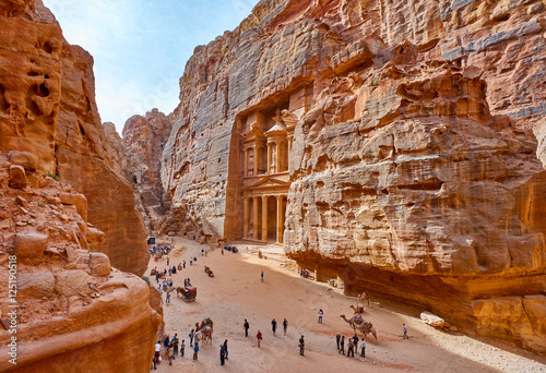 The temple-mausoleum of Al Khazneh in the ancient city of Petra in Jordan photo