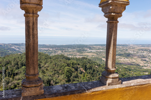 Pena National Palace gallery and valley of Sintra from the terrace, Portugal