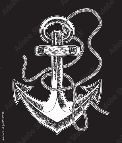 Hand drawn old anchor in vintage style . Vector line art illustration