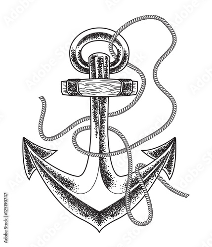 Hand drawn old anchor in vintage style . Vector line art illustration