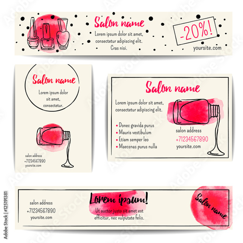 Fototapeta Naklejka Na Ścianę i Meble -  Nail polish banner. Vector set of manicure flyers and coupons. Beauty salon or nail artist design. Isolated fashion templates collection. Watercolor sketchy style. Hand drawn  illustration. EPS10.