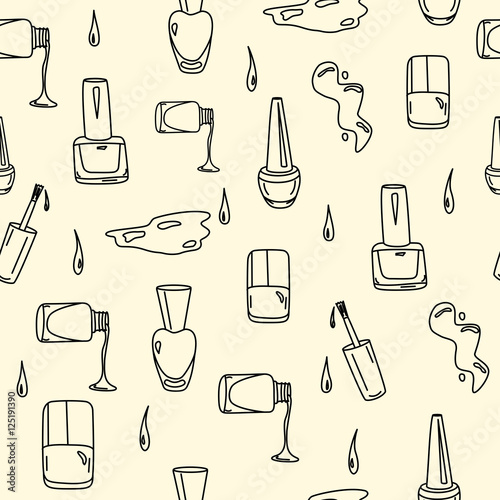 Hand drawn nail polish doodles for beauty salon. Seamless pattern with sketchy nail polish jars, spills and drops. Vector EPS10 illustration.