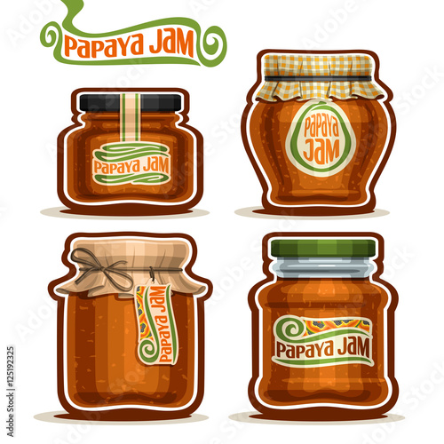 Vector logo Papaya Jam in glass Jars with paper cover lid, rustic Pot home made papaya jams, twine rope bow, homemade fruit jam jar, farm jelly pot with label, checkered cloth cap, isolated on white.