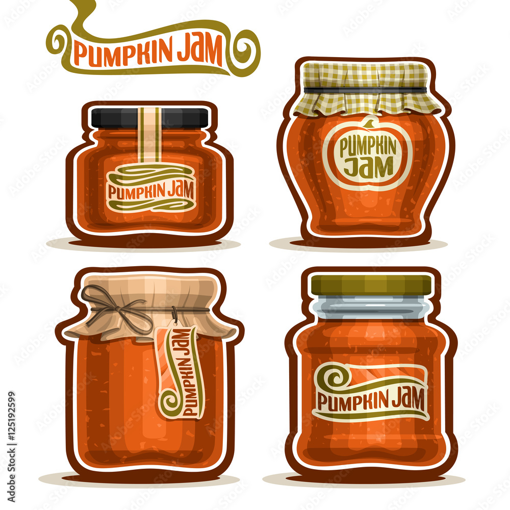 Φωτογραφία Vector logo Pumpkin Jam in Jars with checkered paper lid, rustic Pot home made pumpkin jams, twine bow, homemade fruit jam jar, farm halloween dessert autumn harvest pot with label, isolated on white
