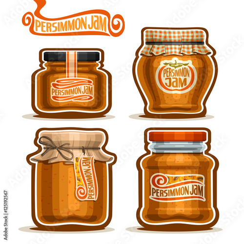 Vector logo Persimmon Jam in Jars with paper cover lid, rustic Pot home made persimmon jams, twine rope bow, homemade fruit jam jar, farm dessert pot with label, checkered cloth cap, isolated on white