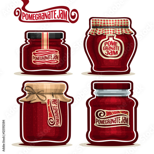 Vector logo Pomegranate Jam in Jars with paper cover lid, rustic Pot home made pomegranate jams, twine bow, homemade garnet fruit jam jar, farm jelly pot with label, checkered cloth, isolated on white
