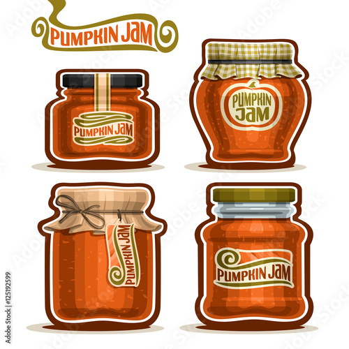 Vector logo Pumpkin Jam in Jars with checkered paper lid, rustic Pot home made pumpkin jams, twine bow, homemade fruit jam jar, farm halloween dessert autumn harvest pot with label, isolated on white.