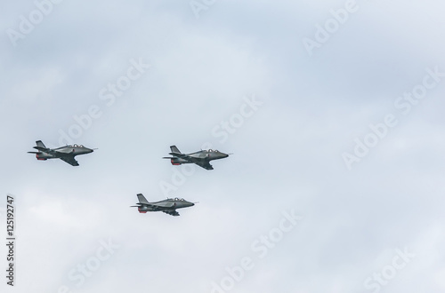 Fihter jets on cloudy sky background