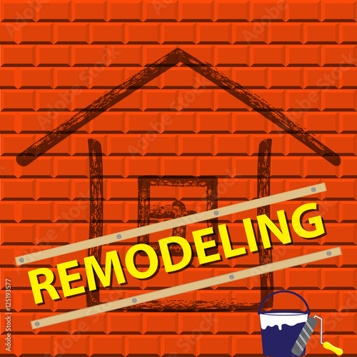 The silhouette of the house on a red brick wall. House remodel company logo. Flat style tools for building, remodel and repair.