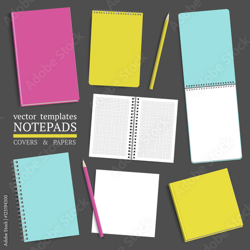 Template of notebook cover and papers.